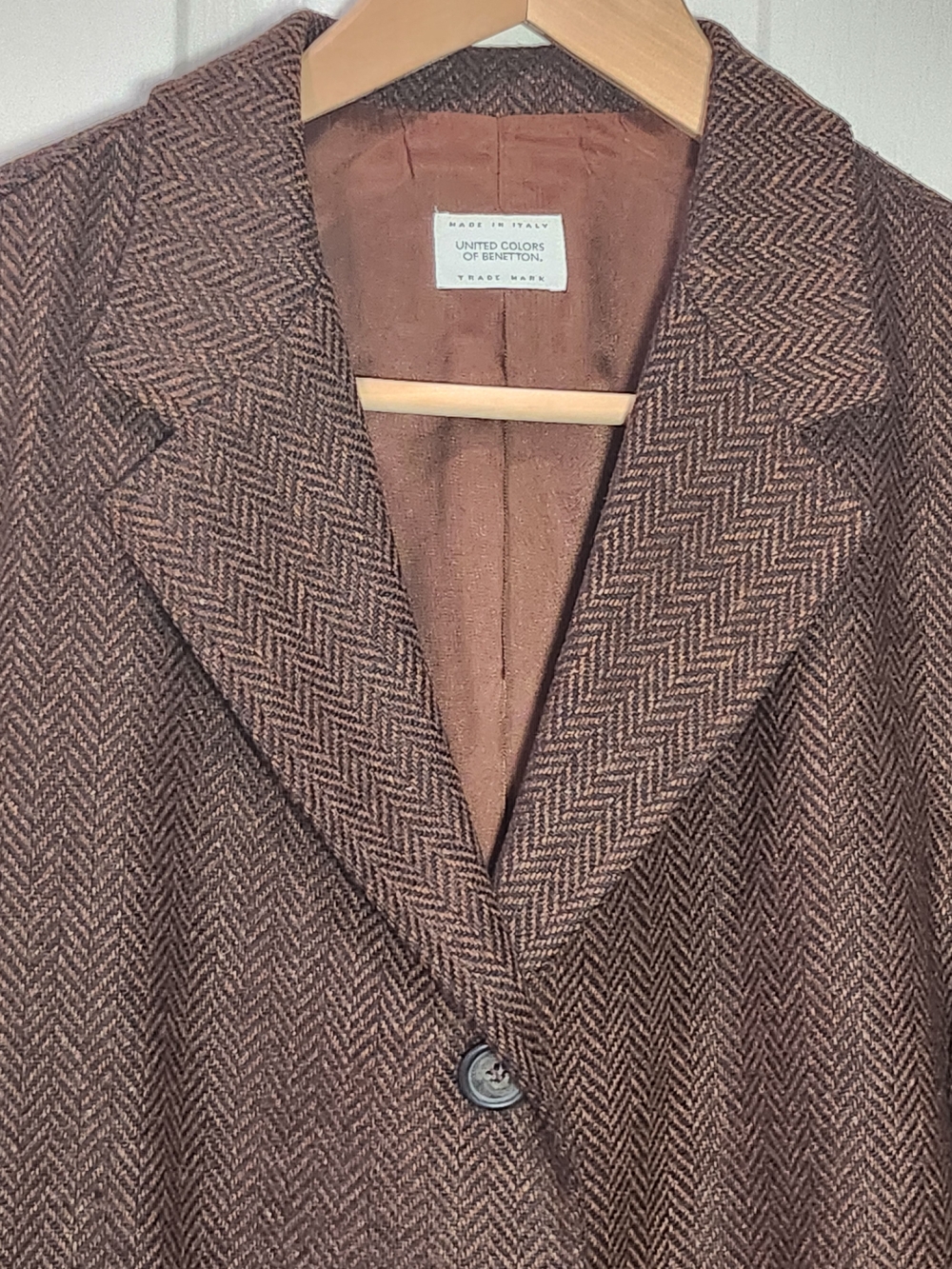 Vintage 90s Benetton Wool Herringbone Blazer Brown Size 6 Made In Italy - Picture 3 of 15